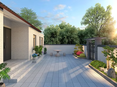 Modern Courtyard Garden Landscape With Stone Pavement Green Plants Outdoor Table Chairs And Flower Beds 3d model