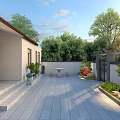 Modern Courtyard Garden Landscape With Stone Pavement Green Plants Outdoor Table Chairs And Flower Beds