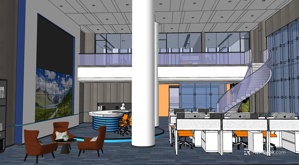 Open Two Story Public Office Space With Large Windows White Columns And Workstations 3d model 