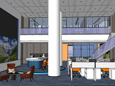 Open Two Story Public Office Space With Large Windows White Columns And Workstations 3d model