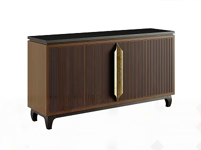 Brown Wooden Console Cabinet With Vertical Stripes Black Top And Gold Handle 3d model