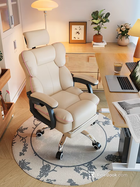 Beige Leather Office Chair And Wooden Desk Set With Laptop Coffee Cup And Newspaper 3d model 