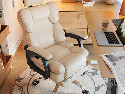 Beige Leather Office Chair And Wooden Desk Set With Laptop Coffee Cup And Newspaper 3d model