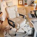 Beige Leather Office Chair And Wooden Desk Set With Laptop Coffee Cup And Newspaper