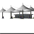 Modern Tensile Membrane Structure With Umbrella Shaped Canopies And Supporting Columns