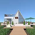 Modern Pavilion Triangular Roof White Exterior Green Grass Field Balcony Terrace Green Umbrellas Small Trees