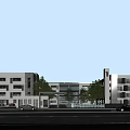 Modern School Building Exterior With Multi Story Structure Glass Windows Green Trees And Blue Sky