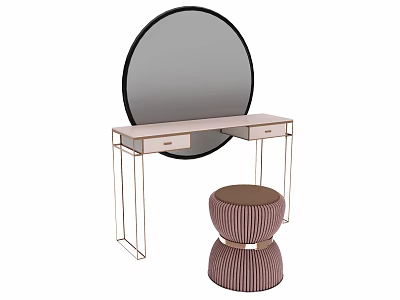 Modern Light Pink Dressing Table With Round Mirror And Striped Stool Metal Frame Drawers 3d model