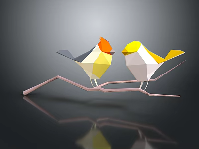 Two Colorful Origami Birds With Orange And Yellow Heads Standing On Branch 3d model