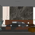 Modern Bedroom Interior With Brown Platform Bed Marble Wall Transparent Chair Bedside Lamp And Rug