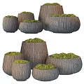 Natural Wooden Garden Decor Planters With Green Moss Foliage Various Sizes For Outdoor Landscaping