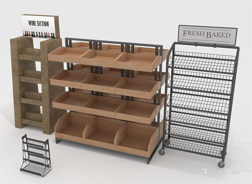 Retail Display Shelves With Wooden Divided Tiers Metal Wire Racks And Section Signs 3d model 
