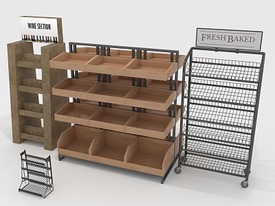 Retail Display Shelves With Wooden Divided Tiers Metal Wire Racks And Section Signs 3d model