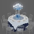 Elegant Dining Table Set Featuring White Tablecloth Navy Edge Silver Chairs And Illuminated Blue Centerpiece