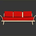 Red Sofa With Three Red Cushions Curved Light Wooden Armrests And Legs Modern Design