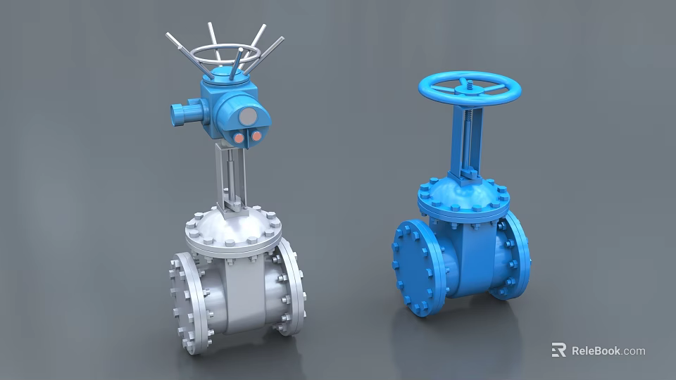 Industrial Valves With Electric Actuator And Manual Handle In Blue Silver Design 3d model 