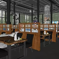 Modern Restaurant Interior With Wooden Tables Black Chairs Green Tiled Walls And Hanging Copper Lamps