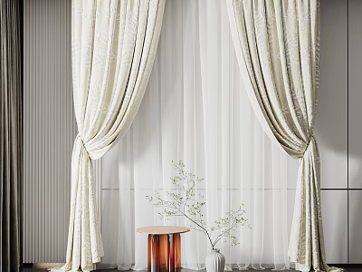 Elegant Cream Patterned Curtains With Sheer White Layers And Decorative Tiebacks In Modern Window Setting 3d model