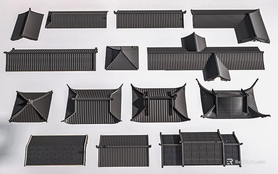 Traditional Architectural Components Featuring Various Roof Tiles And Eave Structures 3d model 