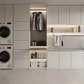 Modern Kitchen Interior With Double Washers Hanging Wardrobe Cabinets Sink And Appliances