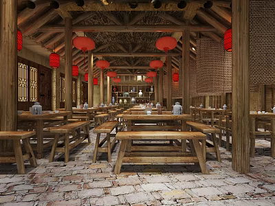 Chinese Style Restaurant With Wooden Structure Red Lanterns Long Tables Benches Brick Walls Stone Floor 3d model