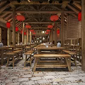 Chinese Style Restaurant With Wooden Structure Red Lanterns Long Tables Benches Brick Walls Stone Floor