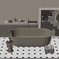 Beige Freestanding Bathtub with Beige Cabinets Bottles and Black Pendant Lights on Checkerboard Tile Floor