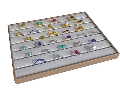 Colorful Gemstone Jewelry Rings Display In Elegant Tray With Gold And Silver Designs 3d model