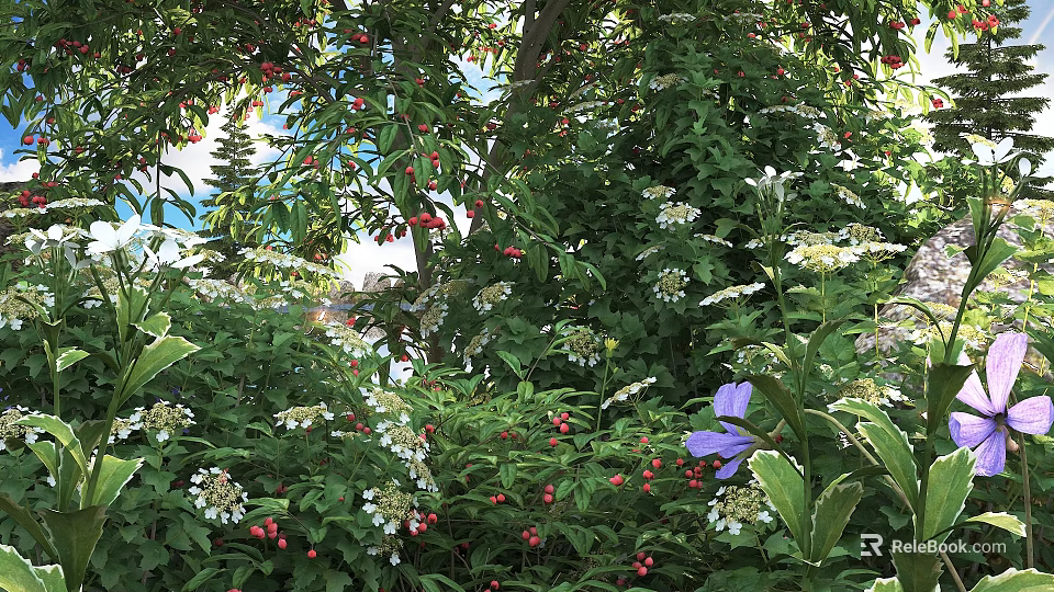 Lush Flowering Shrubs With Red Berries White Blossoms And Green Leaves 3d model 