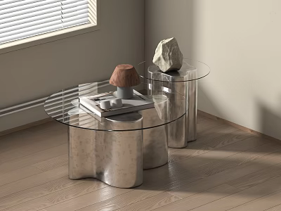 Modern Glass Coffee Table With Curved Silver Metal Base Books Decorative Stone And Lamp 3d model