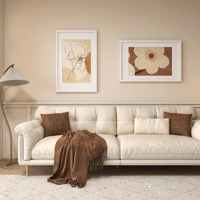 Leisure Sofa Set Beige With Brown Beige Pillows Throw Blanket Wall Art And Floor Lamp 3d model 
