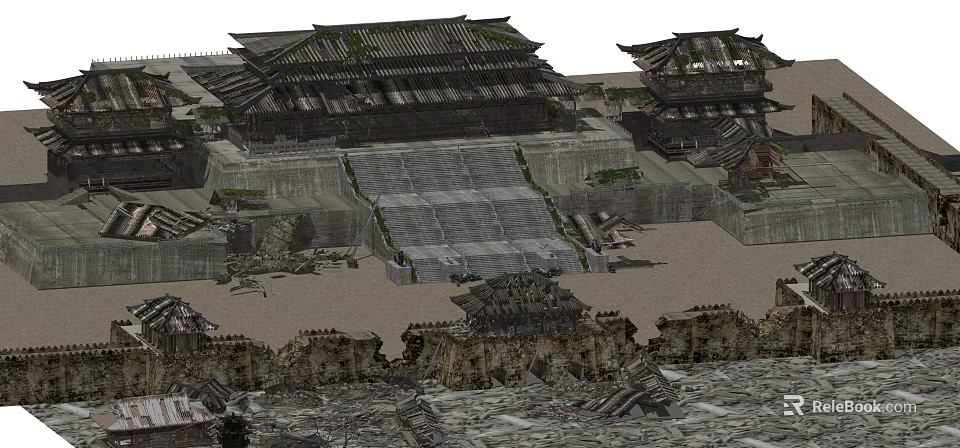 Ancient Architecture Ruined Structure With Stone Steps Traditional Roof Tiles And Collapsed Walls 3d model 
