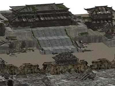 Ancient Architecture Ruined Structure With Stone Steps Traditional Roof Tiles And Collapsed Walls 3d model