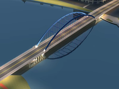 Modern Blue Arch Bridge Design With Roadway Over Water And Reflection 3d model