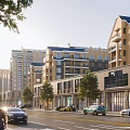 Modern Commercial Street With Multi story Buildings Storefronts Trees Cars And Pedestrians
