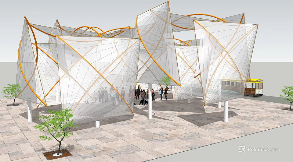 Tensile Membrane Structure Design For Outdoor Public Space With Supporting Columns And People Gathering 3d model 