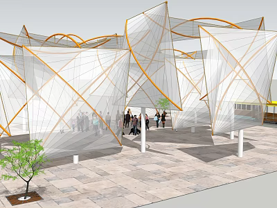 Tensile Membrane Structure Design For Outdoor Public Space With Supporting Columns And People Gathering 3d model