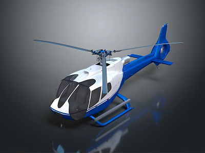Blue and White Modern Helicopter with Sleek Fuselage Detailed Rotor Blades Side View 3d model