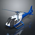 Blue and White Modern Helicopter with Sleek Fuselage Detailed Rotor Blades Side View