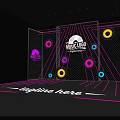 Music Stage with Orange Purple Lights and Colorful Circles on Mesh Background and Neon Lines