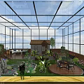 Garden Landscape in Glasshouse Featuring Small House Pond Lush Plants Wooden Deck and Seating Area