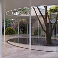 Modern Garden Landscape with Curved White Building Black Sculptures Trees and Stone Paths
