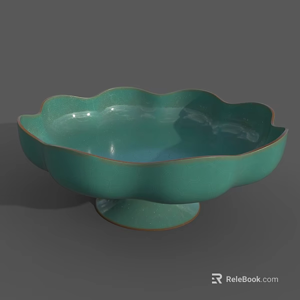 Teal Ceramic Bowl With Floral Shaped Rim And Pedestal Base For Home Decor 3d model 