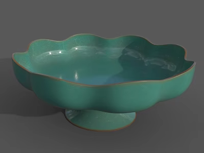 Teal Ceramic Bowl With Floral Shaped Rim And Pedestal Base For Home Decor 3d model