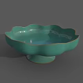 Teal Ceramic Bowl With Floral Shaped Rim And Pedestal Base For Home Decor