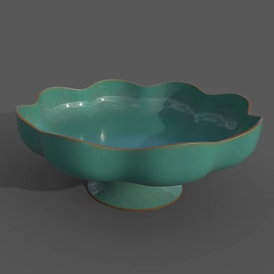 Teal Ceramic Bowl With Floral Shaped Rim And Pedestal Base For Home Decor 3d model