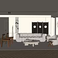 Modern Living Room Interior Design With Beige Sofa Round Coffee Table And Black Room Divider