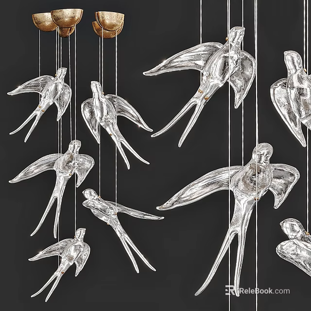 Elegant Silver Bird Shaped Chandelier With Multiple Hanging Birds Against Dark Background 3d model 