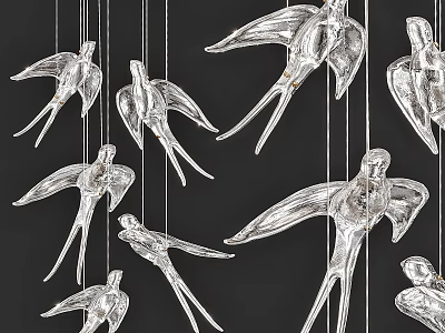 Elegant Silver Bird Shaped Chandelier With Multiple Hanging Birds Against Dark Background 3d model