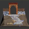 Low Poly Gateway Scene With Red Roof Fence Stone Steps Earthen Slope And Dry Grass